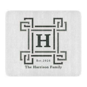 Navy Grey Greek Key Monogram Family Crest Cutting Board
