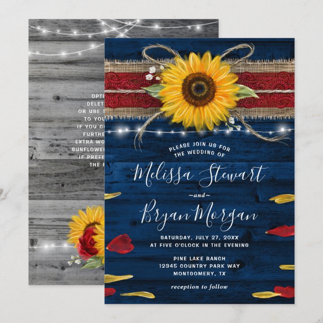 Navy Grey Red Rose Sunflower Rustic Wood Wedding Invitation (Front/Back)
