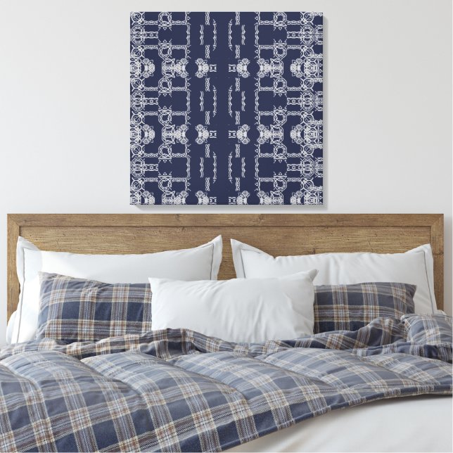 Navy Grey Scrolled Pattern Colours Wall Art  (Insitu(Bedroom))