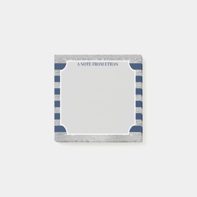Navy, Grey Striped Bar Mitzvah Favour Post-it Notes (Front)