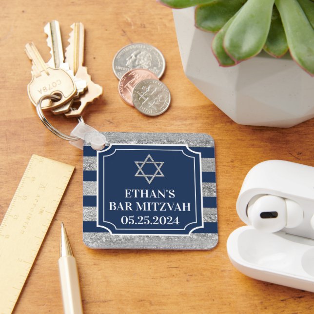Navy, Grey Striped Bar Mitzvah Key Ring (Desk)