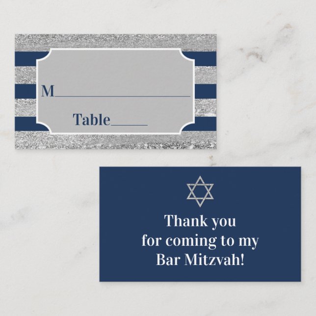 Navy, Grey Stripes Bar Mitzvah Place Card (Front/Back)