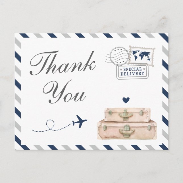 Navy Grey Travel Aeroplane Baby Boy Bridal Shower  Postcard (Front)