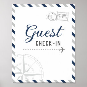 Navy Grey Travel Airplane Guest Check-in Welcome Poster