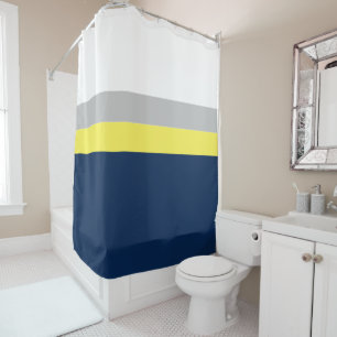Navy, Grey Yellow Colorblock Stripes Shower Curtain
