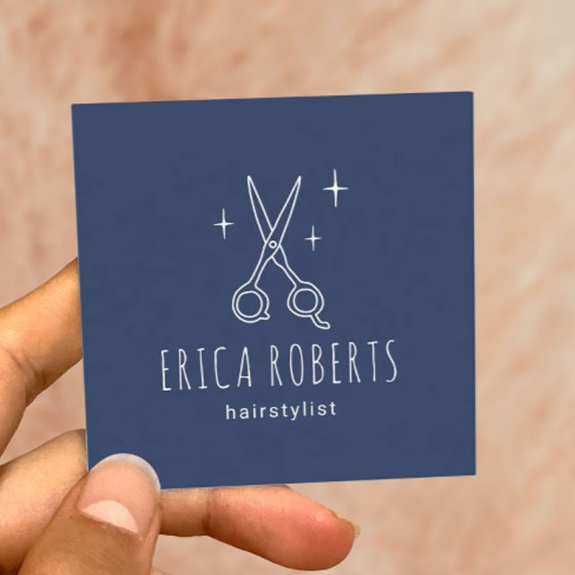 Navy Hair Stylist Minimalist Scissor Beauty Salon Square Business Card (Creator Uploaded)