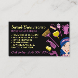 Navy Hair Woman Janitorial House Cleaning Business Card