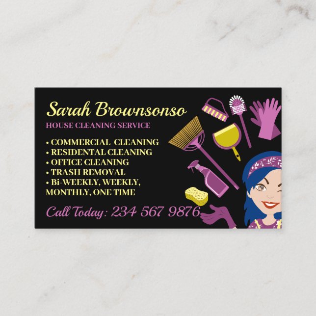 Navy Hair Woman Janitorial House Cleaning Business Card (Front)