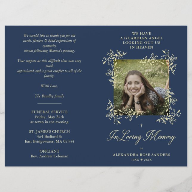 Navy Hand Lettered Chic Flourish Funeral Memorial (Front)