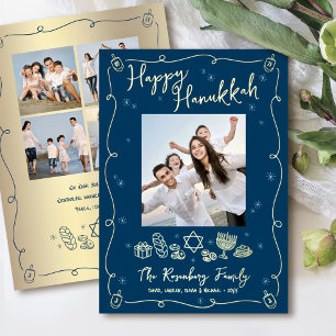 Navy Hanukkah 5 Photo Hand Drawn Doodles Real Gold Foil Holiday Card