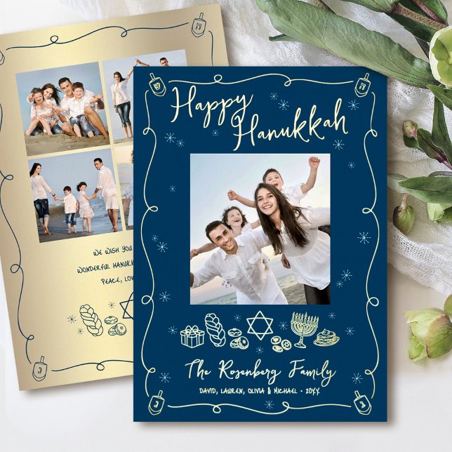 Navy Hanukkah 5 Photo Hand Drawn Doodles Real Gold Foil Holiday Card (Creator Uploaded)