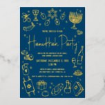 Navy Hanukkah Hand Drawn Doodles Playful Real Gold Foil Holiday Card<br><div class="desc">“Happy Hanukkah.” This year, it’s time to get together with your family and friends to celebrate Hanukkah and usher in the festival of lights. Fun, whimsical real gold foil handwritten sophisticated typography and hand drawn whimsical Hanukkah icon doodle illustrations overlay a navy blue background. Additional hand drawn doodles on navy...</div>