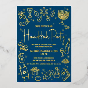 Navy Hanukkah Hand Drawn Doodles Playful Real Gold Foil Holiday Card