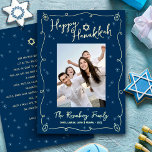 Navy Hanukkah Photo Hand Drawn Your Note Real Gold Foil Holiday Card<br><div class="desc">“Happy Hanukkah.” It's that time to touch base with your family and friends to celebrate Hanukkah and usher in the festival of lights. On the front, fun, whimsical real gold foil handwritten script typography, Star of David, hand drawn Hanukkah dreidels and light turquoise blue sparkles, along with the photo of...</div>