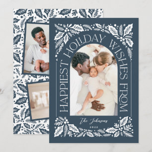 Navy Happiest Wishes Arch Berry 3 Photo Collage Holiday Card