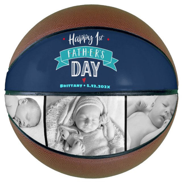 Navy Happy 1st Father’s Day Turquoise Banner Bold Basketball (Front)