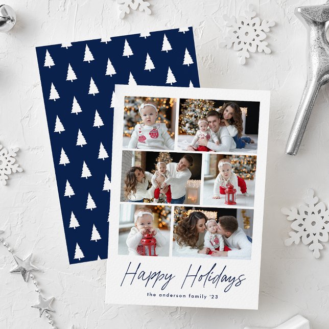 Navy Happy Holidays Script 6 Photo Collage Holiday Card (Creator Uploaded)
