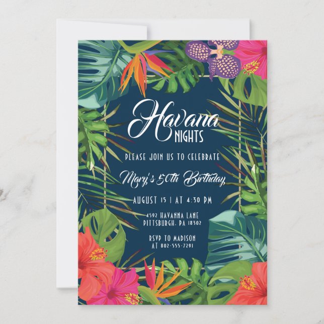 Navy Havana Nights Floral Tropical Birthday Invitation (Front)