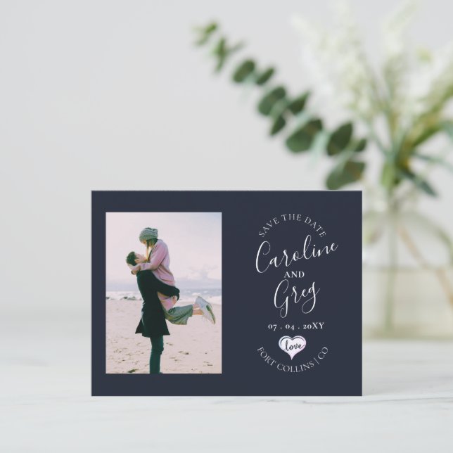 Navy Heart Love Typography Photo Save the Date Announcement Postcard (Standing Front)