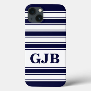 Navy Horizontal Stripe with Monogram iPhone 13 Case