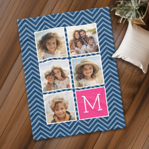 Navy Hot Pink and Blue 5 Photo Collage Monogram Fleece Blanket