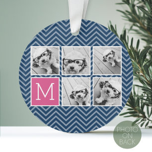 Navy Hot Pink and Blue 5 Photo Collage Monogram Ornament