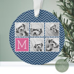 Navy & Hot Pink Instagram 5 Photo Collage Monogram Ornament<br><div class="desc">Background includes an optional chevron Pattern - Use five square photos to create a unique and personal gift. Or you can keep the hipster puppy and make a trendy keepsake. If you need to adjust the pictures,  click on the customise tool to make changes.</div>