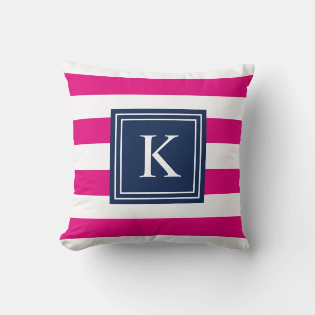 Navy & Hot Pink Monogram Striped | Throw Pillow (Front)