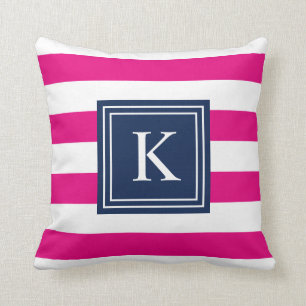 Navy & Hot Pink Monogram Striped   Throw Pillow