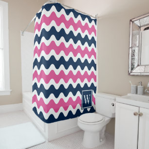 Navy & Hot Pink Preppy Ric Rac Stripe Shower Curtain