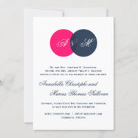 Navy & Hot Pink Twin Monograms Wedding Invitation