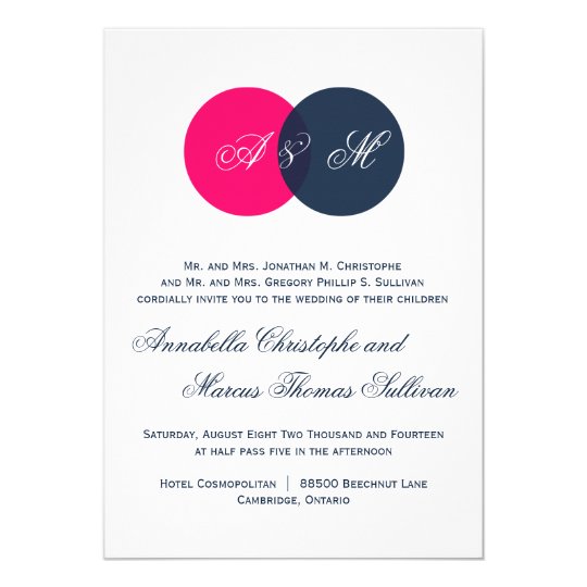 Navy & Hot Pink Twin Monograms Wedding Invitation