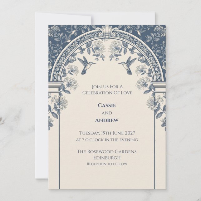 Navy Hummingbird Floral Wedding Invitation (Front)