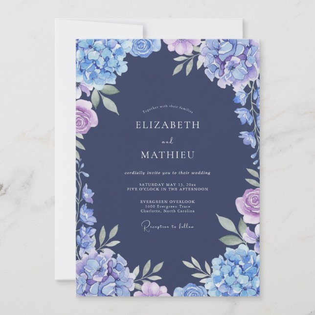 Navy Hydrangea Eucalyptus Wedding Invitation (Front)