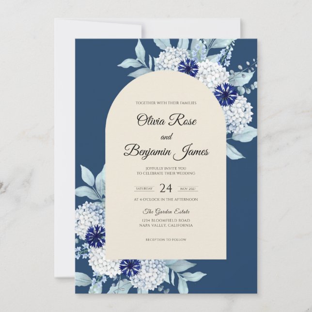 Navy Hydrangea Muted Eucalyptus Wedding Invitation (Front)