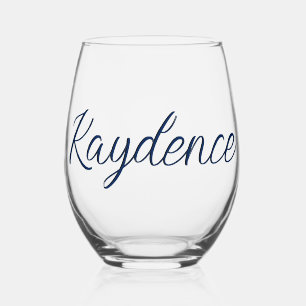 Navy Indigo 3D Handwritten Elegant Name  Stemless Wine Glass