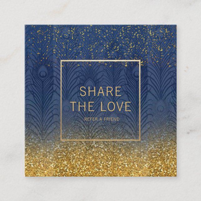 Navy Indigo Blue Feather Gold Glitter Referral Square Business Card (Front)