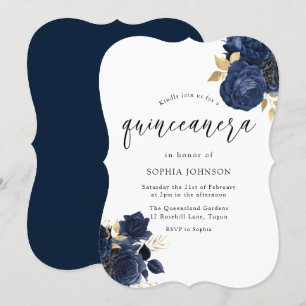 Navy Indigo Blue Floral Gold Leaf Quinceanera Invitation