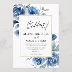Navy indigo blue floral modern elegant wedding invitation