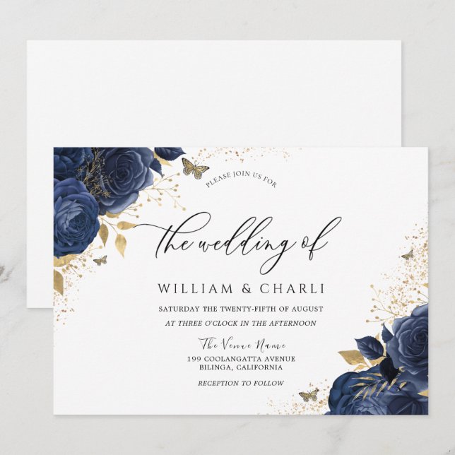 Navy Indigo Blue Flowers Butterfly Wedding Invitation (Front/Back)