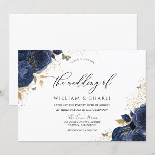 Navy Indigo Blue Flowers Butterfly Wedding Invitation