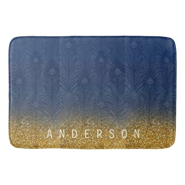 Navy Indigo Blue Glitter Gold Feather Personalised Bath Mat (Front)