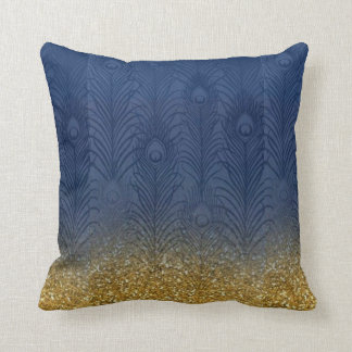 Navy Indigo Blue Glitter Gold Peacock Feather Cushion