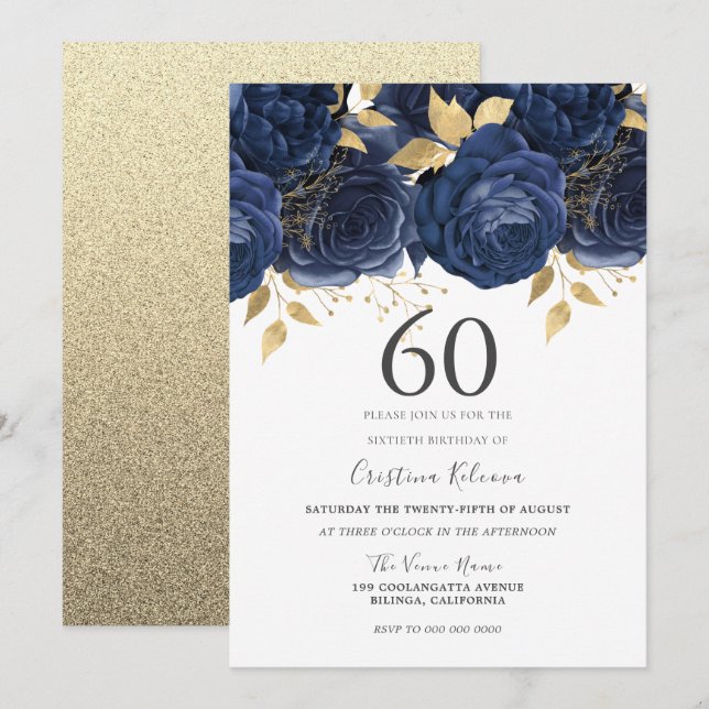 Navy Indigo Blue & Gold Floral 60th Birthday Party Invitation (Front/Back)