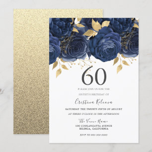 Navy Indigo Blue & Gold Floral 60th Birthday Party Invitation