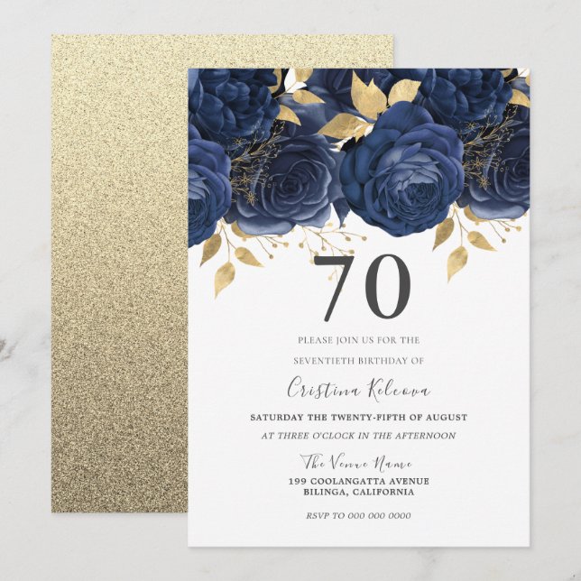 Navy Indigo Blue & Gold Floral 70th Birthday Party Invitation (Front/Back)