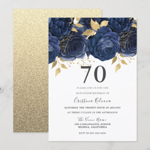 Navy Indigo Blue & Gold Floral 70th Birthday Party Invitation
