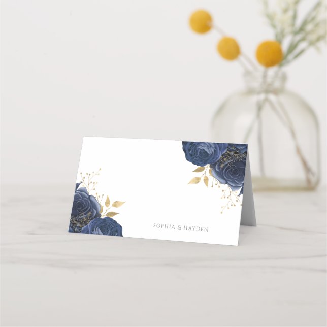 Navy Indigo Blue & Gold Floral All events wedding Place Card (Front)