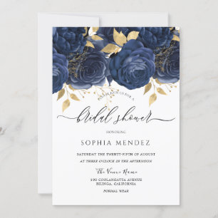 Navy Indigo Blue & Gold Floral Bridal Shower Invitation