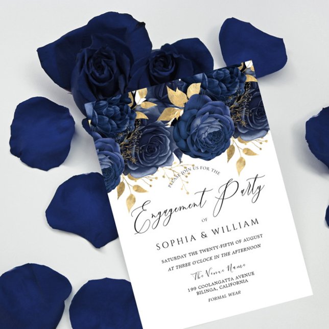 Navy Indigo Blue & Gold Floral Engagement Party Invitation (Creator Uploaded)